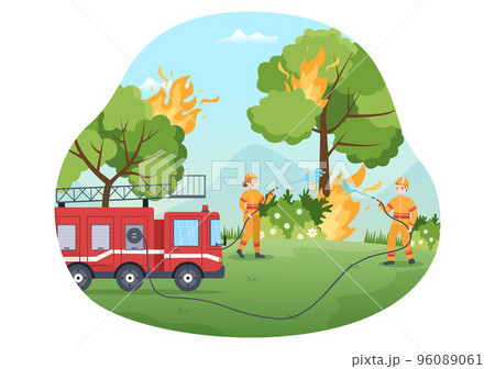 Fire Department with Firefighters Extinguishing House, Forest and Helping People in Various Situations in Flat Hand Drawn Cartoon Illustration 96089061