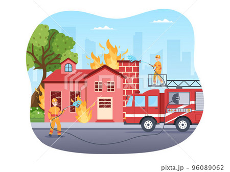 Fire Department with Firefighters Extinguishing House, Forest and Helping People in Various Situations in Flat Hand Drawn Cartoon Illustration 96089062