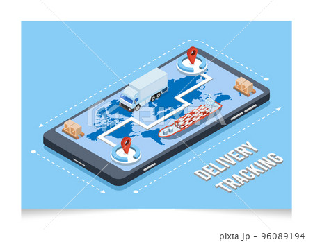 3D isometric International freight delivery smartphone application tracking concept with Smart Logistics, maritime, cargo transportation and logistic service GPS. Vector illustration eps10 96089194