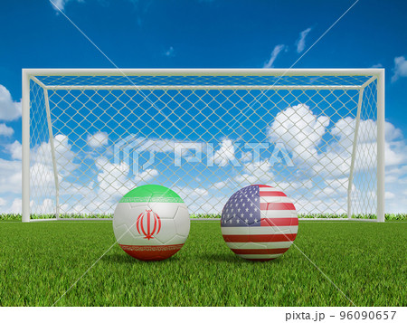 Footballs in flags colors on soccer field . Iran with USA. 3d rendering Footballs in flags colors on soccer field . Iran with USA. 3d rendering 96090657