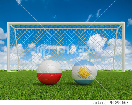 Footballs in flags colors on soccer field . Poland with Argentina. 3d rendering Footballs in flags colors on soccer field . Poland with Argentina. 3d rendering 96090663