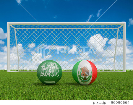 Footballs in flags colors on  soccer field . Saudi arabia with Mexico. 3d rendering 96090664