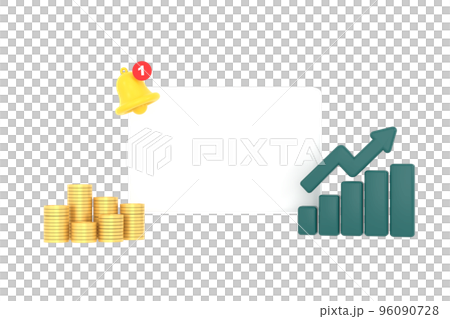3D. Empty reminder pop up, notification bell icon with graph and coins 3D. Empty reminder pop up, notification bell icon with graph and coins 96090728