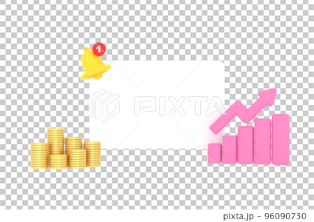 3D. Empty reminder pop up, notification bell icon with graph and coins 3D. Empty reminder pop up, notification bell icon with graph and coins 96090730