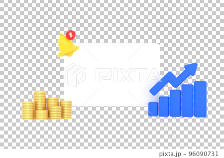 3D. Empty reminder pop up, notification bell icon with graph and coins 3D. Empty reminder pop up, notification bell icon with graph and coins 96090731
