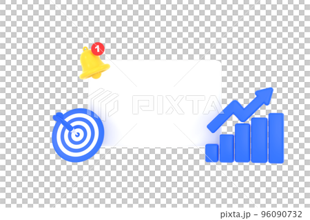 3D. Empty reminder pop up, notification bell icon with darts and coins 96090732