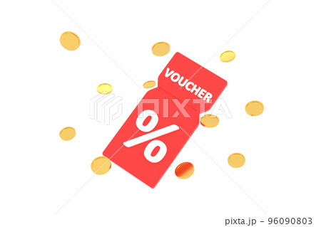 3D. discount coupon with percentage sign with coins. Voucher card cash back with coupon code promotion. 96090803
