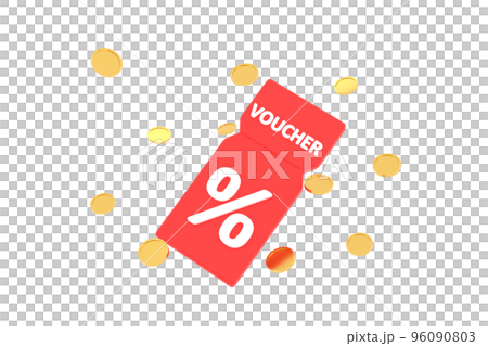 3D. discount coupon with percentage sign with coins. Voucher card cash back with coupon code promotion. 96090803