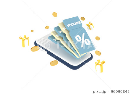 3D. smartphone on discount coupon with percentage sign with coins and gift box. Voucher card cash back. 96090843