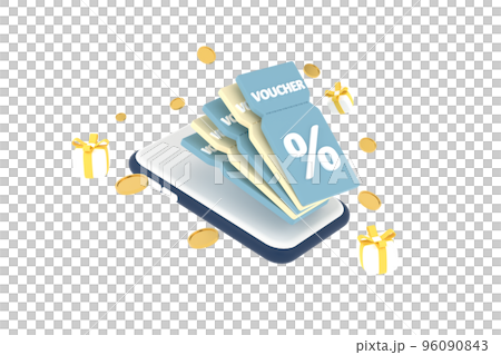 3D. smartphone on discount coupon with percentage sign with coins and gift box. Voucher card cash back. 96090843