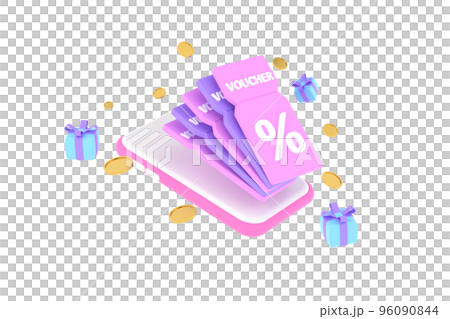 3D. smartphone on discount coupon with percentage sign with coins and gift box. Voucher card cash back. 96090844