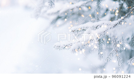 Outside Christmas tree in snow background with tree lights 96091224