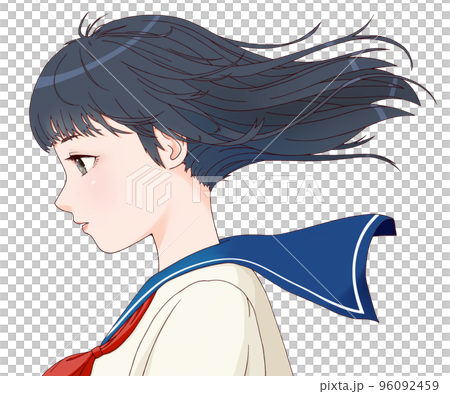 Color illustration of a sideways female student with hair blowing in the wind, long hair 96092459