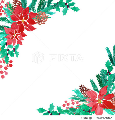 水彩画。水彩タッチのクリスマス装飾ベクターフレーム。ポインセチアともみの木の装飾枠。 96092662
