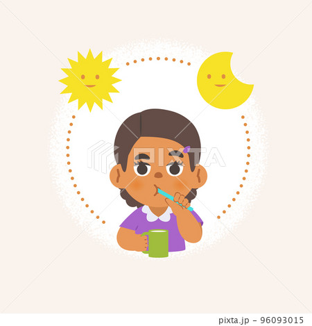a black girl cleaning teeth with toothbrush by brushing teeth with circle and sun and moon, meaning is daily routine daytime and nighttime brushing teeth. illustration cartoon character vector design. 96093015