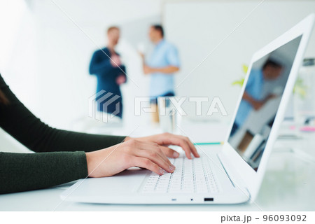 Girl works on a laptop. Concept of internet sharing and interconnection 96093092
