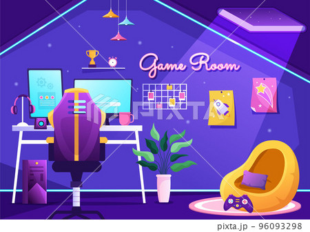 Video Game Room Interior with Android Mobile Computer and Comfortable Armchairs for Gamers in Flat Cartoon Hand Drawn Template Illustration 96093298