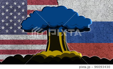 Russia vs USA, the flags of the two countries on a wall, in the center the explosion of a nuclear bomb with the flag of Ukraine 96093430