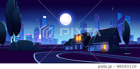 District with suburban houses and city skyline 96093520