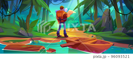 Tourist with map and backpack stand at jungle 96093521