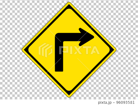 Warning sign Turn right (or left) before. Illustration of road sign, pictogram 96093581