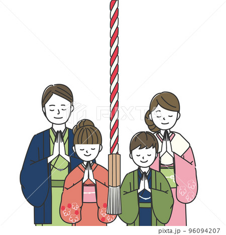 神社でお参りをする4人家族 96094207