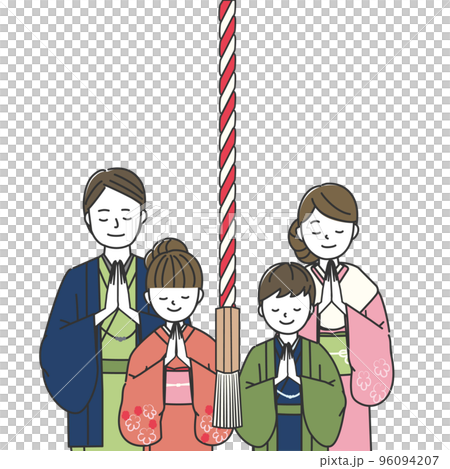 神社でお参りをする4人家族 96094207