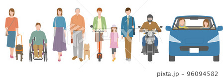 障害者、高齢者など歩行者や車両の正面イラスト 障害者、高齢者など歩行者や車両の正面イラスト 96094582