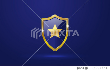 Gold shield with shiny star, Glass shield golden frame, Security and privacy 96095374