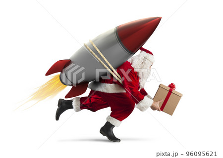 Fast delivery of Christmas gifts ready to fly with a rocket isolated on white background Fast delivery of Christmas gifts ready to fly with a rocket isolated on white background 96095621