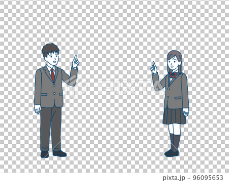 Illustration of male and female students pointing upwards Junior high and high school students Illustration of male and female students pointing upwards Junior high and high school students 96095653