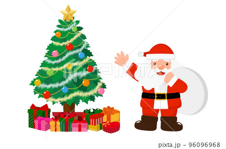 サンタクロースとクリスマスツリーと沢山のプレゼントが描かれた