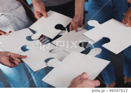 Team of businessmen work together for one goal. Concept of unity and partnership Team of businessmen work together for one goal. Concept of unity and partnership 96097013