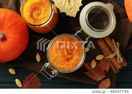Concept of tasty food, pumpkin jam, top view 96097799