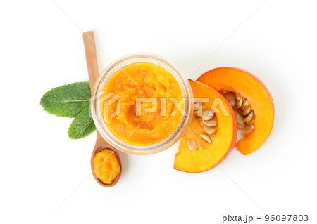 Concept of tasty food, pumpkin jam isolated on white background Concept of tasty food, pumpkin jam isolated on white background 96097803
