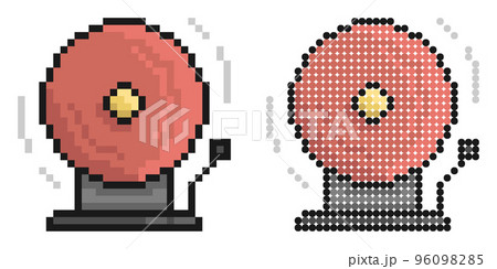 Pixel icon. Sound alarm school wall bell. Sound notification in higher educational institution during evacuation. Simple retro game vector isolated on white background 96098285