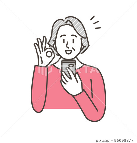 スマホを見て嬉しい年配女性が笑顔でOKサインをするベクターイラスト素材 スマホを見て嬉しい年配女性が笑顔でOKサインをするベクターイラスト素材 96098877