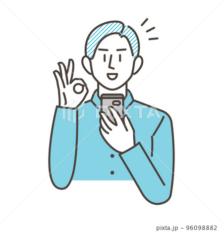 スマホを見て嬉しい若い男性が笑顔でOKサインをするベクターイラスト素材 スマホを見て嬉しい若い男性が笑顔でOKサインをするベクターイラスト素材 96098882