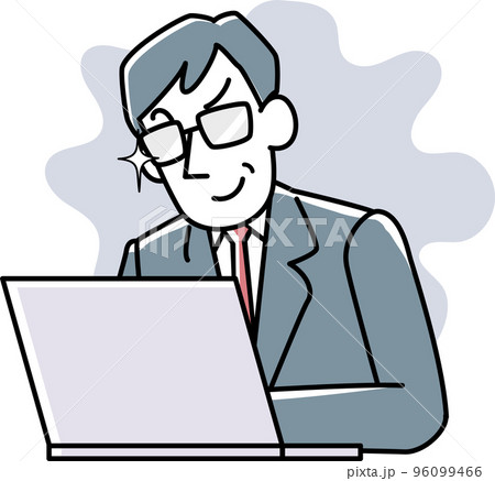 パソコンを見ながらほくそ笑むスーツ姿の男性 96099466