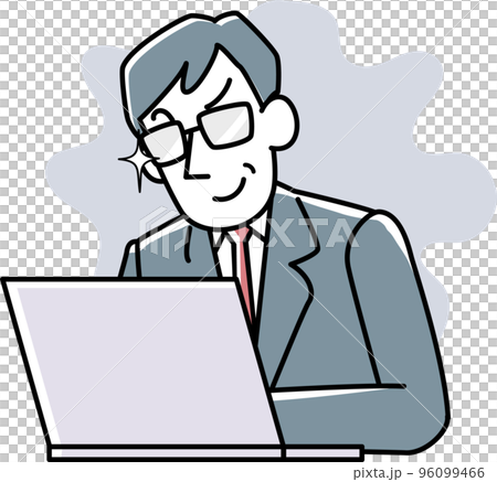 パソコンを見ながらほくそ笑むスーツ姿の男性 96099466