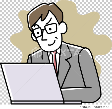 A man in a suit smiling while looking at a computer A man in a suit smiling while looking at a computer 96099468