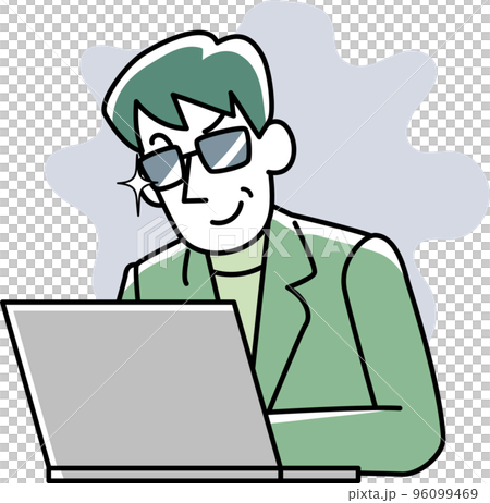 A man smiling while looking at a computer A man smiling while looking at a computer 96099469