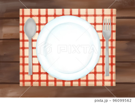 色鉛筆 水彩 手描き風 天然木テーブルと食器のイラスト 色鉛筆 水彩 手描き風 天然木テーブルと食器のイラスト 96099562