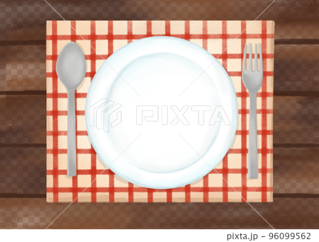 色鉛筆 水彩 手描き風 天然木テーブルと食器のイラスト 色鉛筆 水彩 手描き風 天然木テーブルと食器のイラスト 96099562