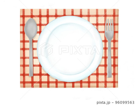 色鉛筆 水彩 手描き風 食器とランチョンマットのイラスト 色鉛筆 水彩 手描き風 食器とランチョンマットのイラスト 96099563