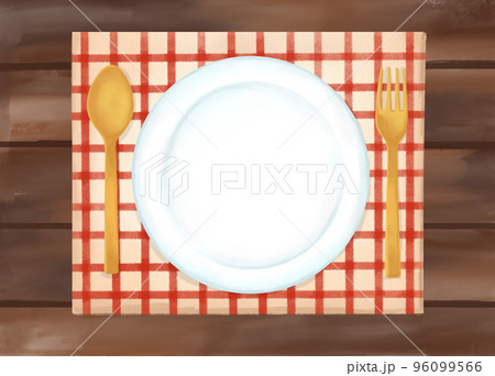 色鉛筆 水彩 手描き風 天然木テーブルと食器のイラスト 色鉛筆 水彩 手描き風 天然木テーブルと食器のイラスト 96099566