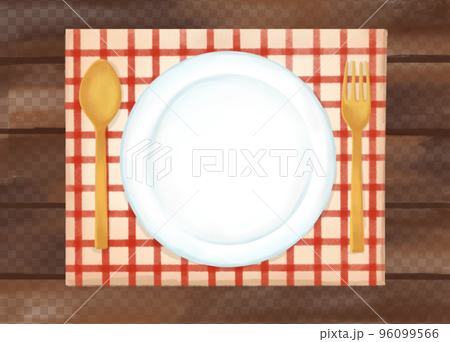 色鉛筆 水彩 手描き風 天然木テーブルと食器のイラスト 色鉛筆 水彩 手描き風 天然木テーブルと食器のイラスト 96099566