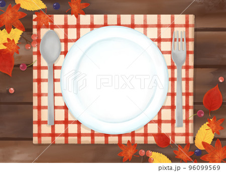 色鉛筆 水彩 手描き風 食器と天然木テーブル秋の食卓イラスト 色鉛筆 水彩 手描き風 食器と天然木テーブル秋の食卓イラスト 96099569