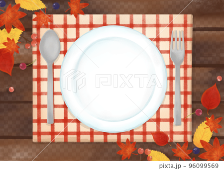 色鉛筆 水彩 手描き風 食器と天然木テーブル秋の食卓イラスト 色鉛筆 水彩 手描き風 食器と天然木テーブル秋の食卓イラスト 96099569