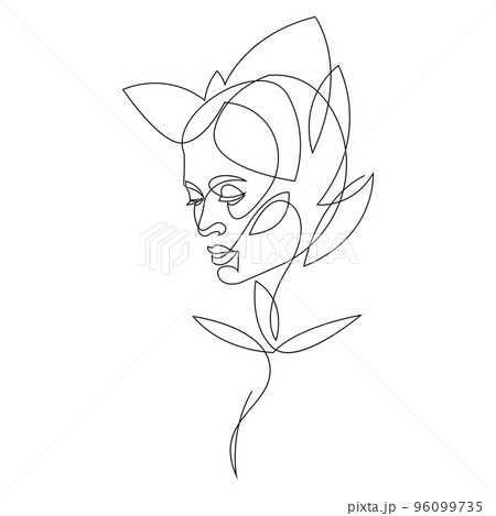 Floral girl on white background. One line drawing style vector illustration. Floral girl on white background. One line drawing style vector illustration. 96099735